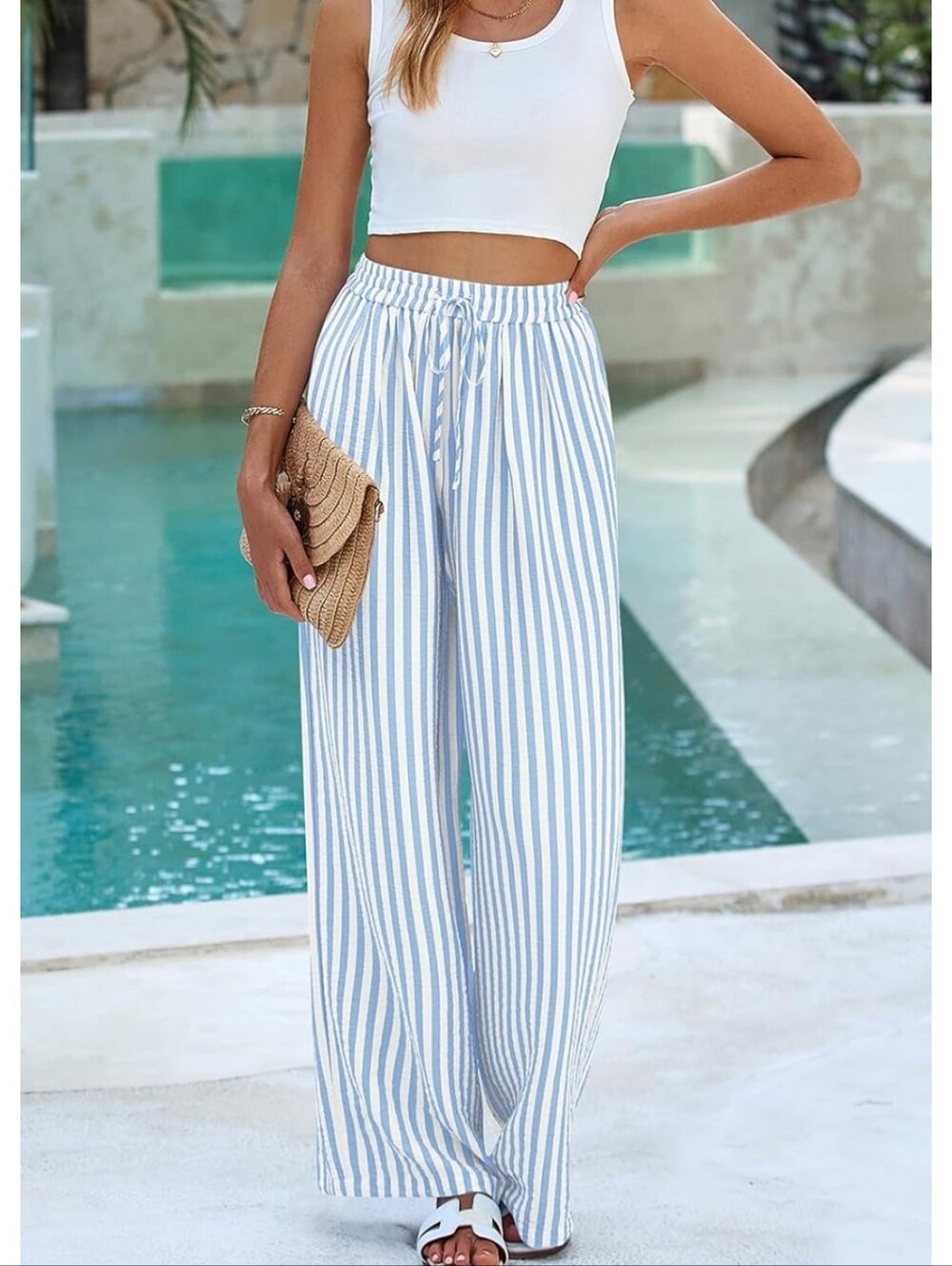 Striped Wide-Leg Linen Blend Pants - Blue/White